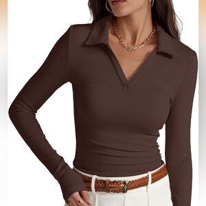 Ribbed V-Neck Long Sleeve Top - Brown